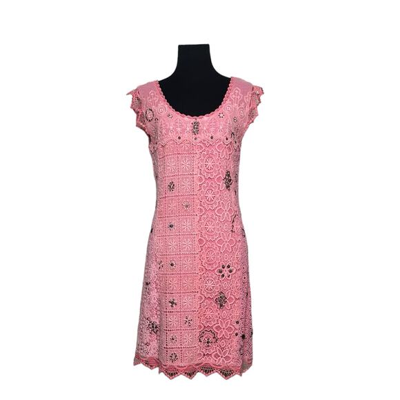 Yoana Baraschi coral pink crochet cap sleeves sheath mini dress size M - Picture 10 of 14
